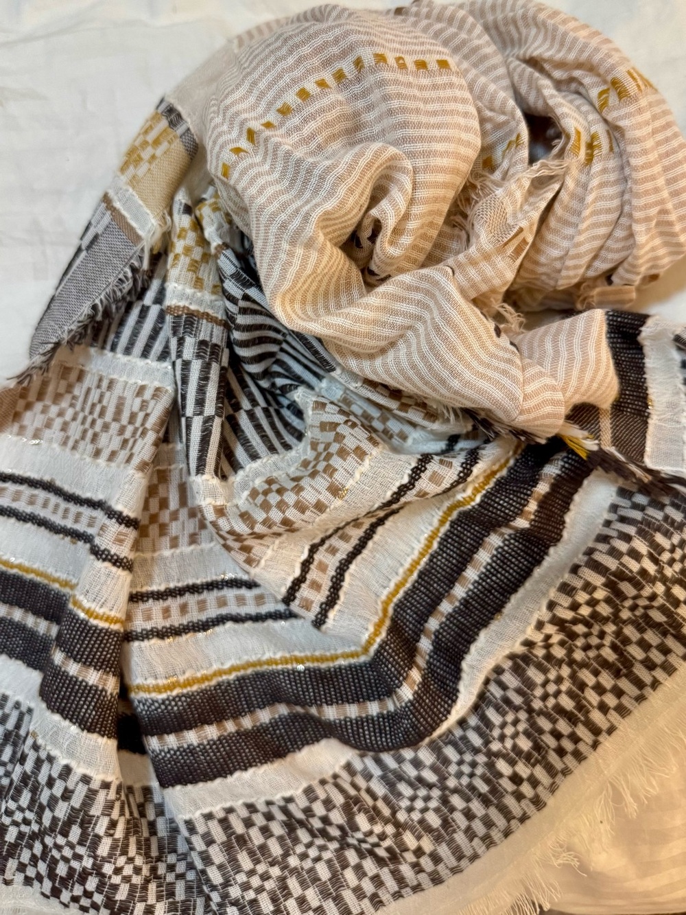 J. Jill -Lightweight Cream and Black Striped Decorative Scarf with Gold Accents